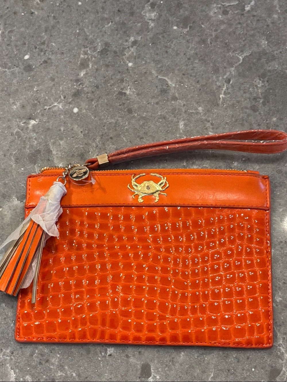 Orange Croc-Embossed  leather Wristlet Clutch with Tassel